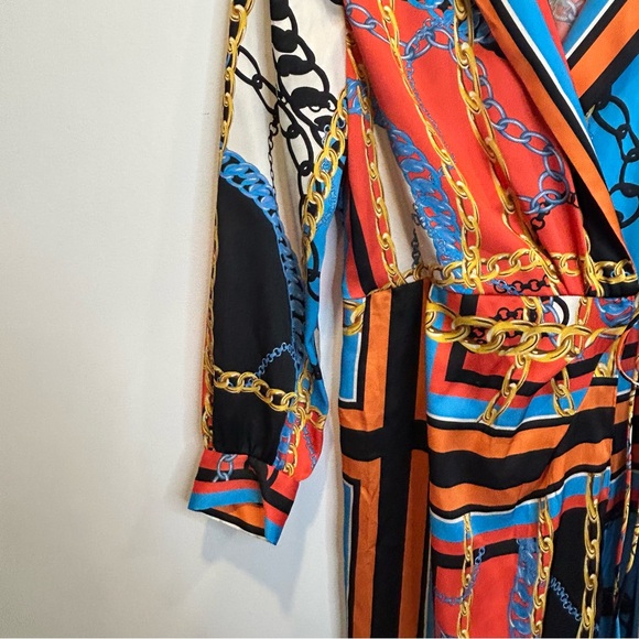Zara Blogger Fav Chain Print Scarf Print Long Sleeve Midi Shirt Dress Orange - Picture 7 of 13